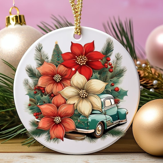 Metal Ornaments, Vintage Car and Flowers  ornament gift, Christmas Decoration, Holiday Decor, Festive Ornament,Tree Decor, Christmas Gift