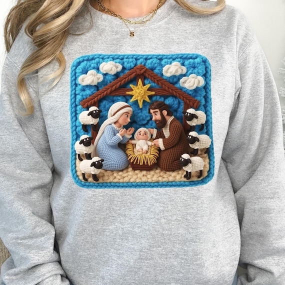 Faux Yarn Nativity Scene Shirt, Holiday sweatshirt for Christmas, Christian Gift