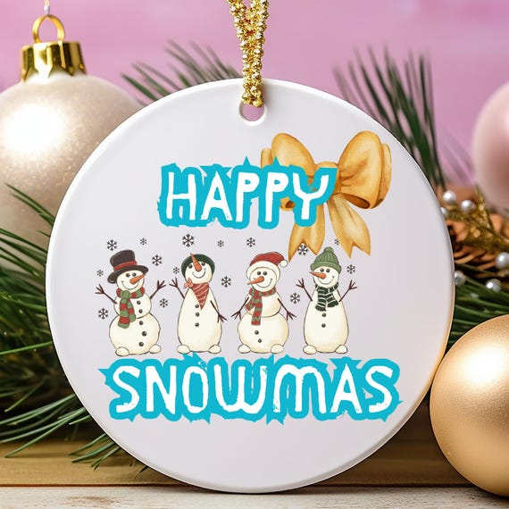 Happy Snowman Bow Ornament Gift, Christmas Tree Decor, Holiday Gift, Winter Decoration, Festive Ornament, Metal Ornament