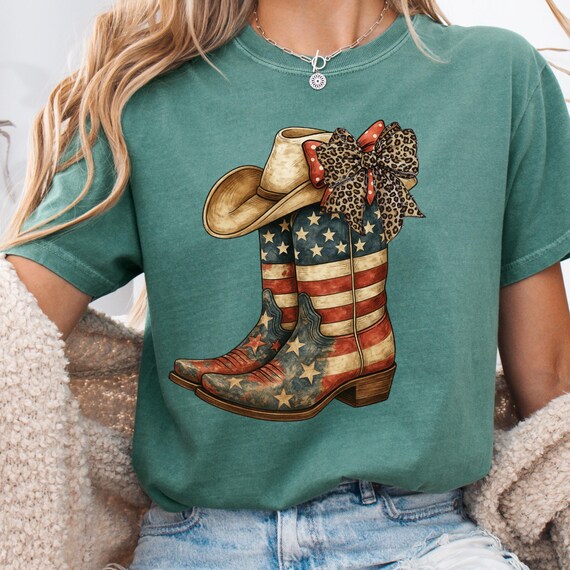 Western Cowgirl Leopard Bow T-Shirt, Patriotic Ranch Boots Tee, Comfort Color Gift Shirt, Gift for Cowgirl Lover tee