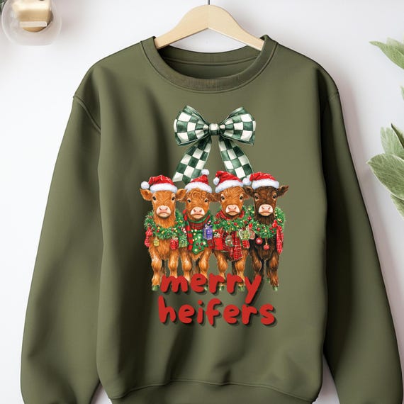Girly Merry Cow Sweatshirt, Cute Cow Lover Gift, Women's CowSweater, Funny Animal shirt, Farmhouse Chic Clothing, Heifer Xmas shirt