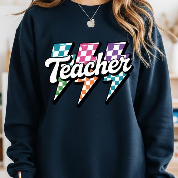 Teacher Retro Lightning Bolt Sweatshirt, Checkered Design