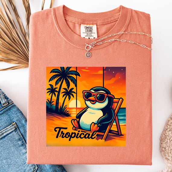 Tropical Penguin Beach T-Shirt, Comfort Color Gift Tee for Penguin Lovers  , Summer Beach Shirt Penguin Top Vacation Apparel