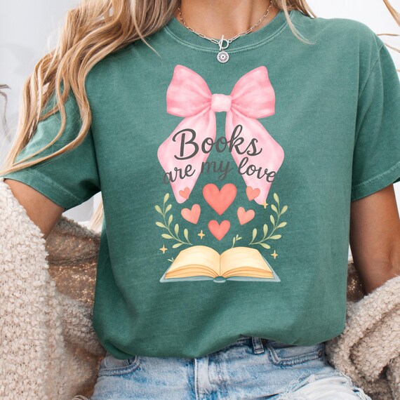 Coquette Bow Book Lover T-shirt, Gift for Book Lover Heart Print Tee, Comfort Color Shirt, Book lover Garment-Dyed Shirt with Coquette Bow