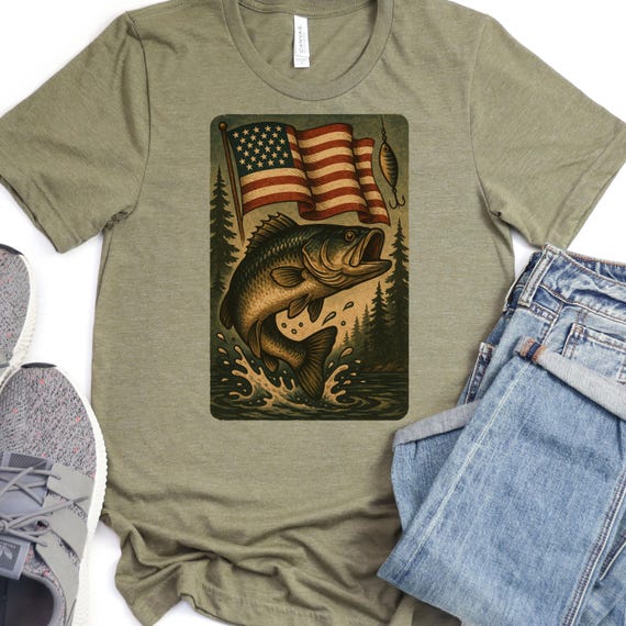 Patriotic Bass Fish T-Shirt, American Flag Fishing Tee, USA Patriotic Gift Top, Fisherman Tee Shirt, Fishing Lover Apparel, Fourth of July