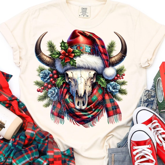 Western Christmas Skull T-Shirt, Holiday Cow gift Tee