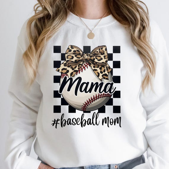 Leopard Baseball Mom Sweatshirt Checkered Pattern, Gift for Mom Leopard Crewneck Leopard Baseball Lover Gift, Mama baseball gift shirt