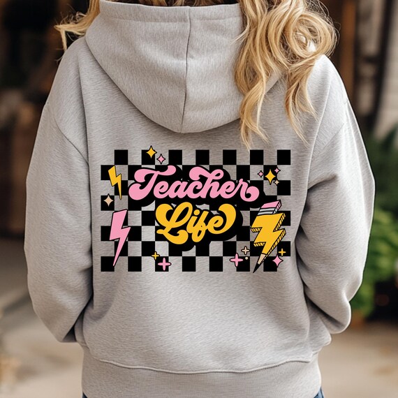 Teacher Life Checkered Lightning Bolt Zipper Hoodie,Teacher Appreciation Jacket, Educator Full Zip Sweatshirt, Teaching Gift, Teacher Zip-Up
