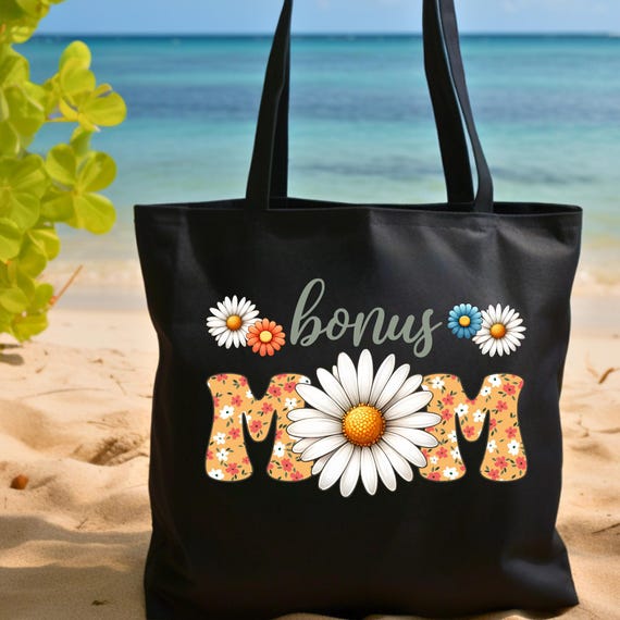 Bonus Mom Daisy Tote Bag  Floral Print Cotton Canvas Carryall,  Mother's Day Gift, Reusable Shopping Bag,  Eco-Friendly Shoulder Purse, Gift