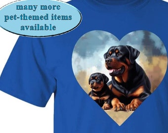 A Rottweiler and Its Puppy in a Heart Motif on Sweet Graphic T-Shirt, Sweet and Unique Rottweiler Enthusiast Gift Shirt, Parent-Child Shirt