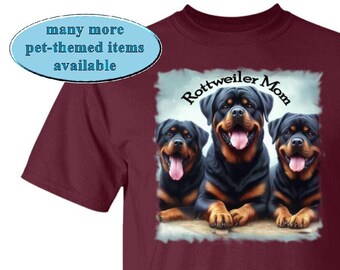 Three Rottweilers & "Rottweiler Mom" on a Sweet Graphic T-Shirt, Rottie Mom Gift, Best Gift for Rottweiler Owner/Parent (Mom), Dog Mom Tee