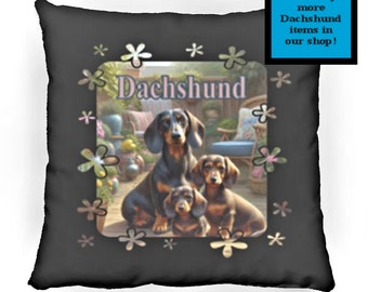 Family of Dachshunds in a Garden on Large Square Decorative Pillow, Home Decor with Dachshunds, Unique Gift for Dachshund Enthusiast