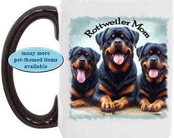 Three Rottweilers and "Rottweiler Mom" on Two-Tone Coffee/Tea Mug, Great Gift for Coffee- or Tea-Loving Rottie Mom, Rottweiler Mom Gift Mug