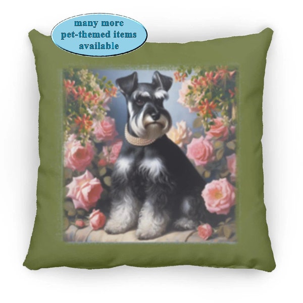 June Schnauzer Birthstone Buddy Coordinating Square Decorative Pillow; Schnauzer Home Decor with June birthstone and Flowers