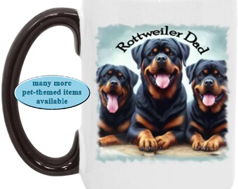 Three Rottweilers and "Rottweiler Dad" on Two-Tone Coffee/Tea Mug, Great Gift for Rottweiler Dog Dad, Trendy Rottweiler Dad Coffee Mug Gift