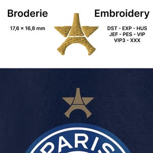 Könnte beinhalten: Goldfarbenes Eiffel-Turm-Stickdesign, ca. 17,6 x 16,8 mm. Das Bild zeigt auch das Wort „Embroidery“ und die Dateitypen DST, EXP, HUS, JEF, PES, VIP, VIP3 und XXX. Ein dunkelblauer Hintergrund zeigt ein ähnliches Design.