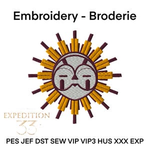 Op de afbeelding: Geborduurd ontwerp van een gestileerde zon met een gezicht, in tinten geel, bruin en grijs. De tekst "Embroidery - Broderie" staat bovenaan. Het Expedition 33-logo staat linksonder.