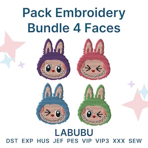 Paquete de bordado Labubu con 4 diseños faciales | Bordado digital a máquina | Archivos DST, PES, JEF, etc., estilo lindo, parches estilo juguete kawaii