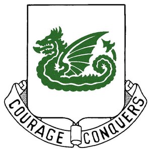 May include: A white shield featuring a green dragon illustration centered on the surface. Below the shield, a white ribbon banner displays the black text COURAGE CONQUERS in capital letters, with the ends of the banner curling upward.