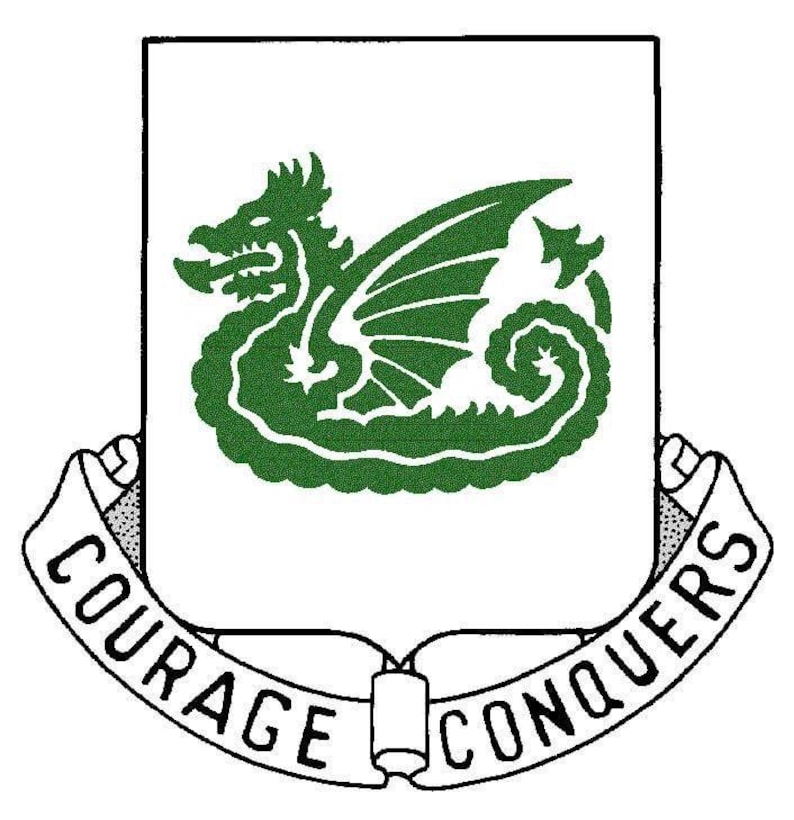 May include: A white shield featuring a green dragon illustration centered on the surface. Below the shield, a white ribbon banner displays the black text COURAGE CONQUERS in capital letters, with the ends of the banner curling upward.