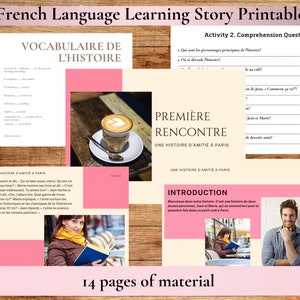 Puede incluir: Un imprimible de historia de aprendizaje de idioma francés con un esquema de color rosa y blanco. El imprimible incluye vocabulario, preguntas de comprensión y una introducción a la historia. El texto en la página dice "French Language Learning Story Printable", "Vocabulary de l'histoire", "Première Rencontre", "Une Histoire d'Amitié à Paris", y "Introduction".