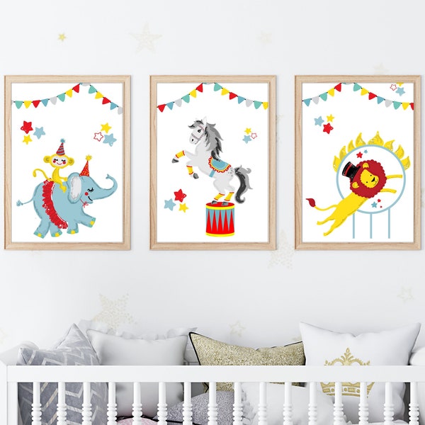 Circus Animal Nursery Satin Posters, Set of Three or Individual Prints