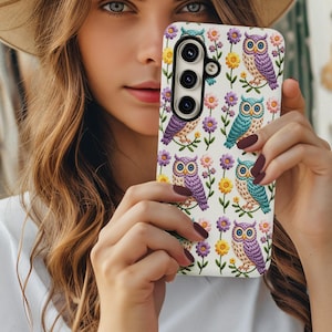 Owl Tough phone case,Snap case, Cute Owl Art, Flower, Bird Lover Gift, Blue Purple Decor, Unique Phone Cover, Pattern Design,Owl Phone Case