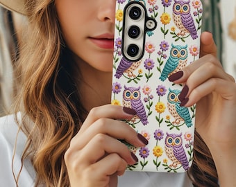 Funda para teléfono con diseño de búhos y flores / Funda resistente para iPhone, Samsung, Google; Funda delgada para iPhone