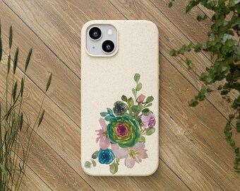 Étui biodégradable aquarelle succulente F, coque de téléphone écologique, étui durable, iPhone 13, 12, 11, Samsung Galaxy 22, 21, 20, emballage cadeau