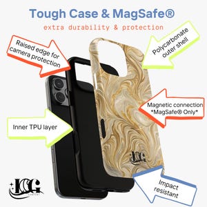 The image is an advertisement for a phone case that highlights its toughness and protective features.