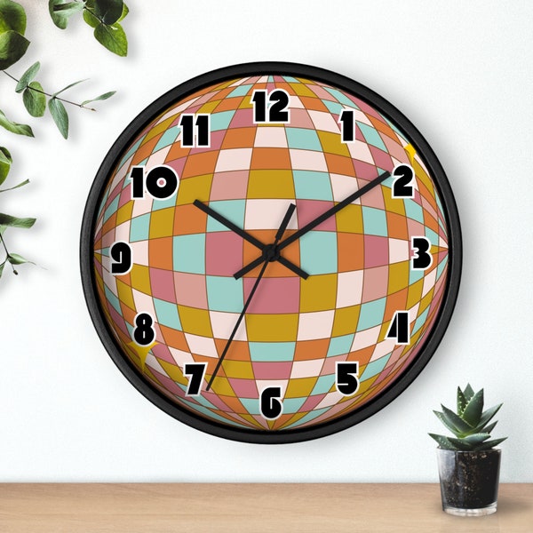 Retro Disco Ball Illusion Wall Clock, 10 Inch Frame in Wood, White or Black
