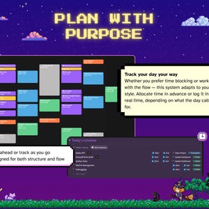 May include: A pixelated graphic with the text "PLAN WITH PURPOSE" and a calendar interface. The image includes the text "Track your day your way" and "Plan ahead or track as you go". The background features a night sky with stars, clouds, and a moon.