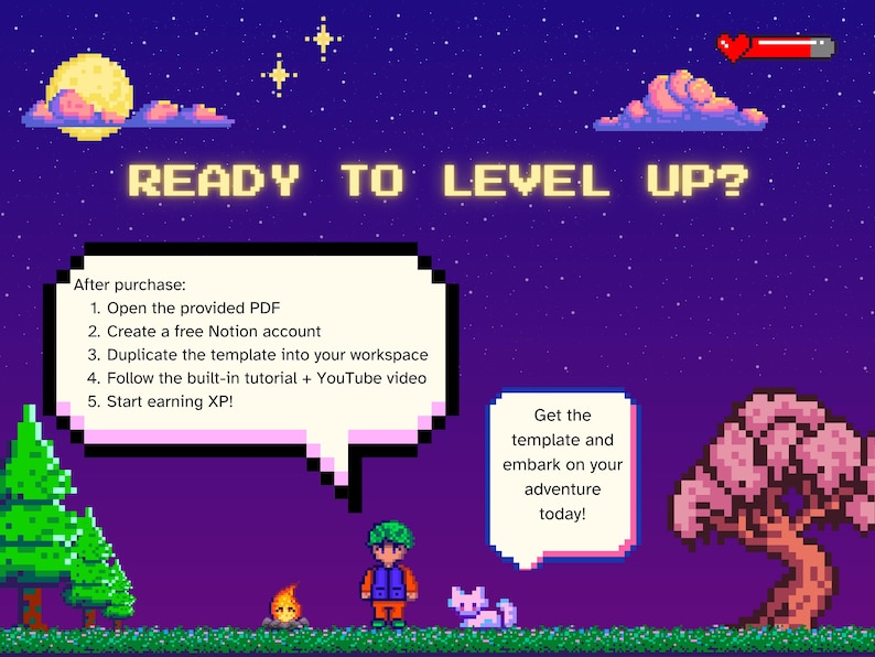 May include: Pixelated graphic with the text "READY TO LEVEL UP?" and instructions for a digital template. The image features a night sky, pixel art characters, and a health bar. The text encourages users to "embark on your adventure today!"