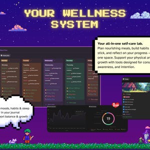 May include: A digital wellness system interface with a meal plan, habit tracker, and progress charts. The interface is set against a pixelated night sky background with the text "YOUR WELLNESS SYSTEM". The system helps track meals, moods, habits, and sleep.