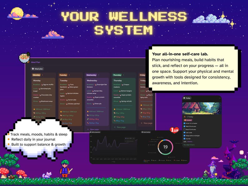 May include: A digital wellness system interface with a meal plan, habit tracker, and progress charts. The interface is set against a pixelated night sky background with the text "YOUR WELLNESS SYSTEM". The system helps track meals, moods, habits, and sleep.