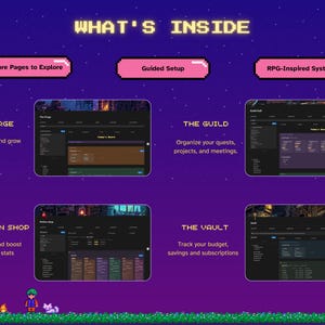 May include: A pixelated graphic with the text "WHAT'S INSIDE" and descriptions of features like "THE FORGE" and "THE GUILD." The image has a purple background with pixel art of a forest and a starry sky.