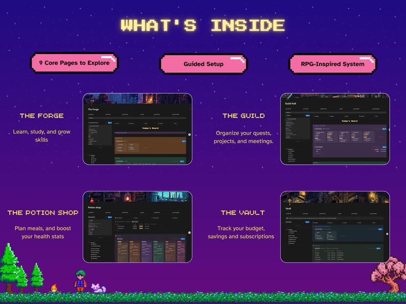 May include: A pixelated graphic with the text "WHAT'S INSIDE" and descriptions of features like "THE FORGE" and "THE GUILD." The image has a purple background with pixel art of a forest and a starry sky.