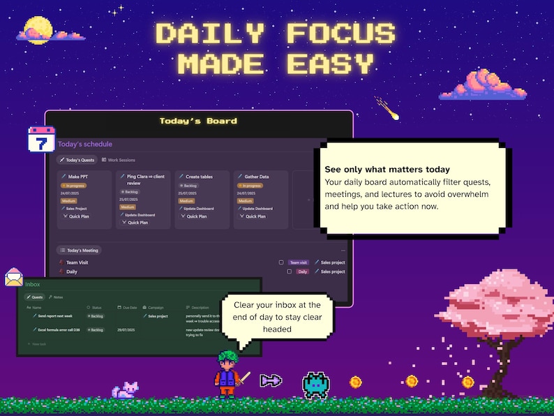 May include: A pixelated graphic promoting "Daily Focus Made Easy." The image features a digital interface with a "Today's Board" and "Inbox" view. Text bubbles offer productivity tips. A pixelated character stands in a colorful, starry landscape.