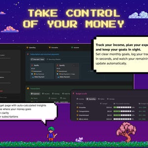 May include: A pixelated graphic promoting financial management. The image features a night sky background with the text "TAKE CONTROL OF YOUR MONEY." It showcases a budgeting app interface with features like expense tracking and goal setting.