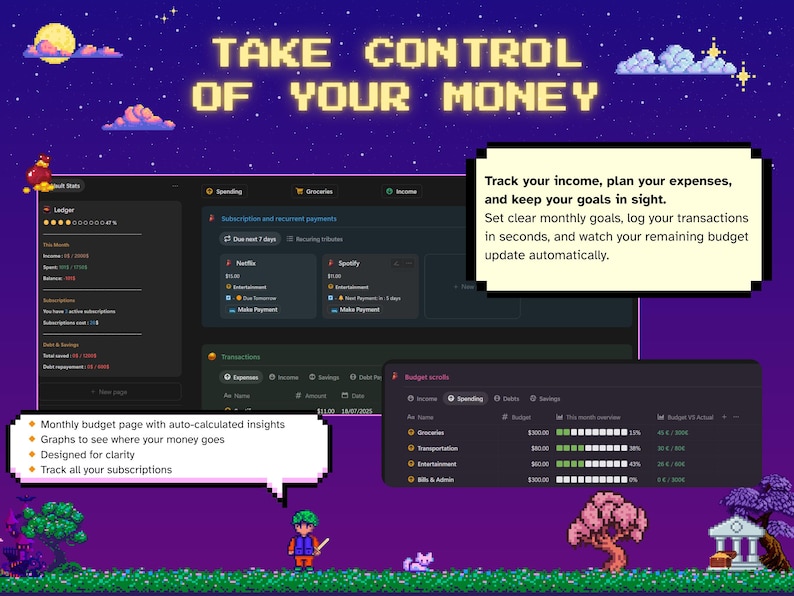 May include: A pixelated graphic promoting financial management. The image features a night sky background with the text "TAKE CONTROL OF YOUR MONEY." It showcases a budgeting app interface with features like expense tracking and goal setting.
