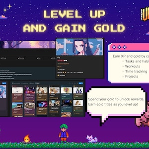 May include: A pixelated graphic with the text "LEVEL UP AND GAIN GOLD" against a purple night sky. The image includes a website interface with the text "Loot Boutique" and a character profile. The image also includes the text "Earn XP and gold by completing: Tasks and habits, Workouts, Time tracking, Projects."