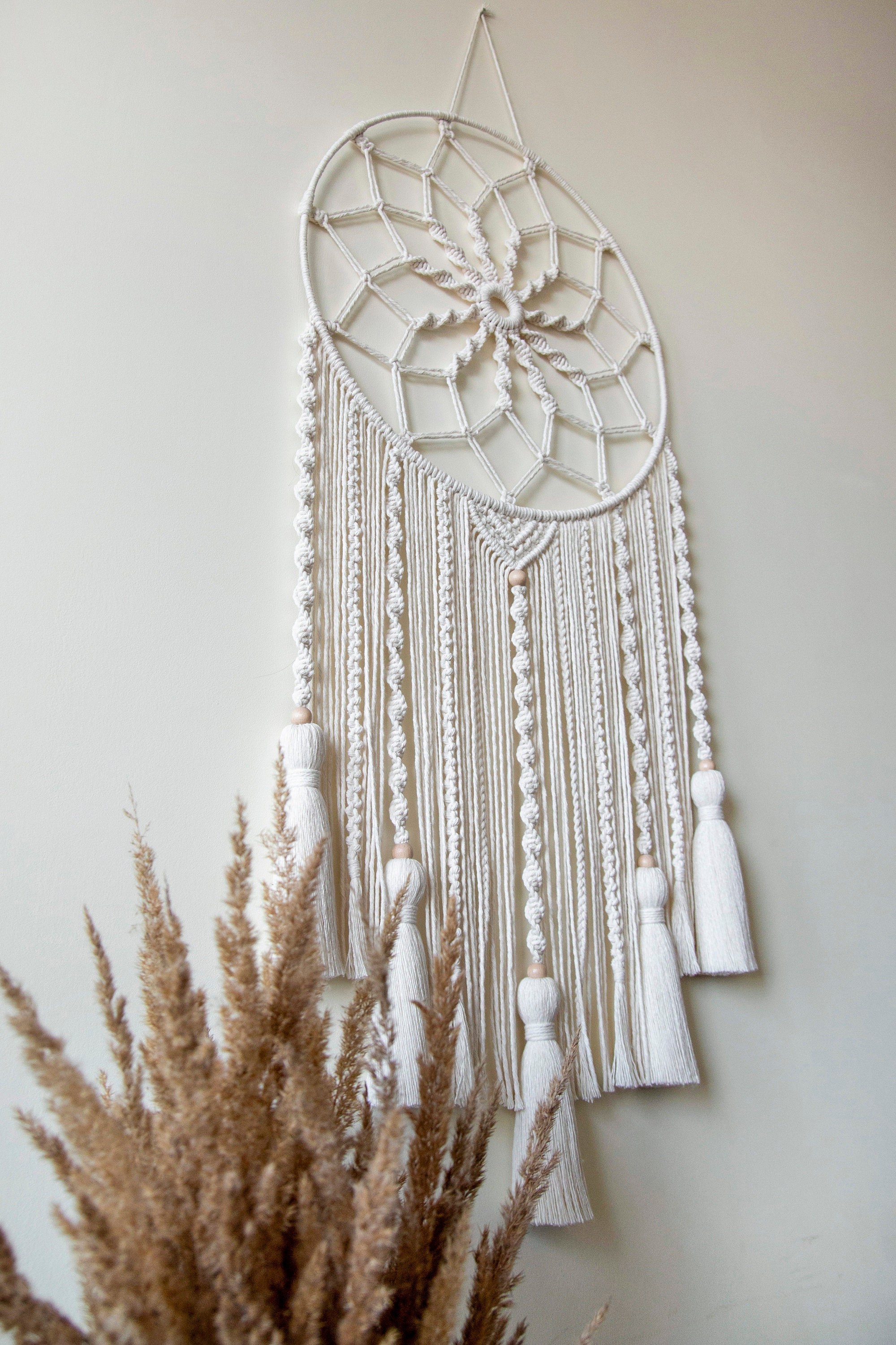 Attrape-rêve Mural Bohème En Bois De Bouleau Et Macramé Fait Main