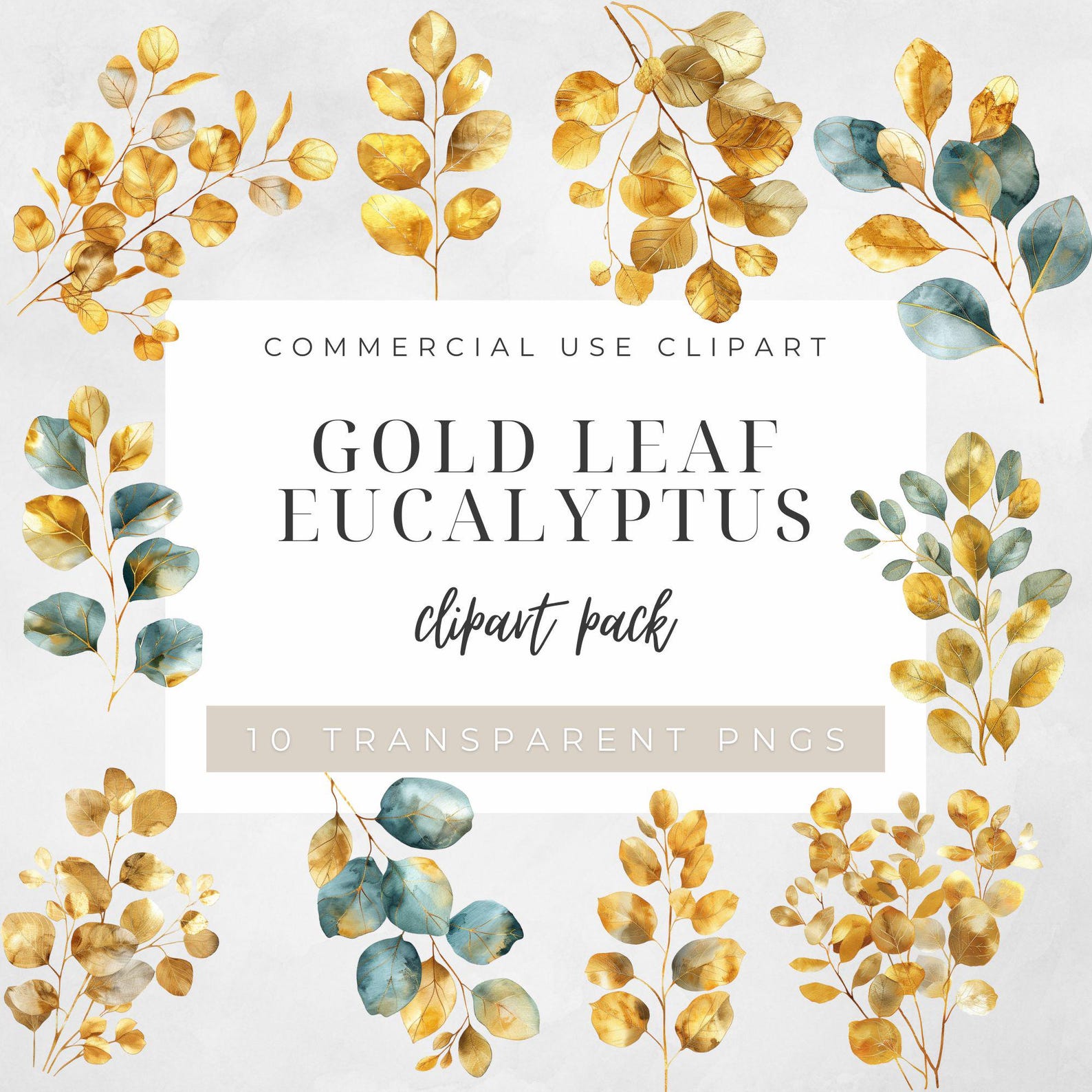 Green and Gold Eucalyptus Leaves Clipart, Gold Foil Leaf PNG Clip Art ...