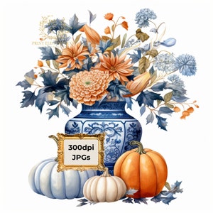 10 chinoiserievazen van hoge kwaliteit met clipart pompoenen | Plakboeken | Pompoenen JPG | Vaas met pompoenen | Kaarten maken | Ongewenste tijdschriften