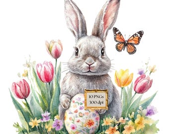 10 Easter Bunny Clipart, Rabbit Clipart, Printable Watercolor clipart, High Quality PNGs, Digital download, Paper craft, junk journals