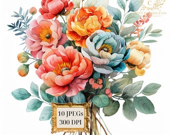 Colorful Wedding Bouquet Clipart, Watercolor Flowers, Summer Florals, Invitations, commercial use, Pink, Orange Lilac Florals clipart bundle