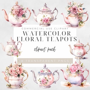 May include: Eight watercolor illustrations of floral teapots. Each teapot is decorated with pink and white flowers and has a gold trim. The teapots are isolated on a white background.  COMMERCIAL USE CLIPART WATERCOLOR FLORAL TEAPOTS clipart pack 8 TRANSPARENT PNGS