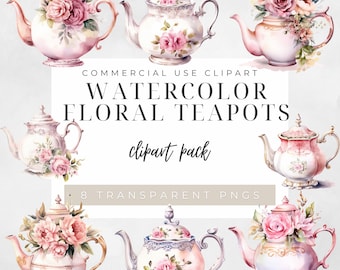 Watercolor Floral Teapots 8 PNGs, Clipart, Commercial Use, Transparent PNGs, Floral Vintage Teapots, Tea Time Clip Art, Digital Download
