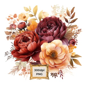 Rust and Orange Flowers Watercolor Autumn Clipart, Autumn Bouquets, Fall Floral Clipart Bundle, Flowers PNG, Terracotta Flowers, Cozy Fall