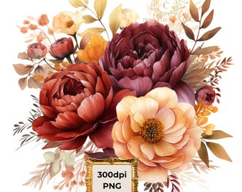 Rust and Orange Flowers Watercolor Autumn Clipart, Autumn Bouquets, Fall Floral Clipart Bundle, Flowers PNG, Terracotta Flowers, Cozy Fall